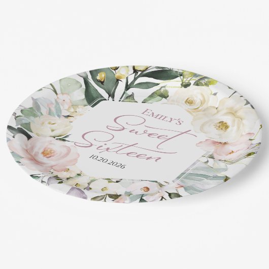 Boho Greenery Blumenrahmen Sweet 16 Pappteller (Schrägansicht)