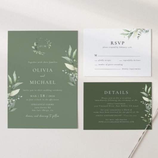 Boho Greenery Botanical Minimal Wedding RSVP Card Karte