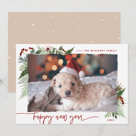 Boho Greenery Burgundy Beige 2022 Neujahr Feiertagskarte (Vorne/Hinten)