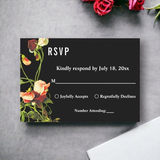 Boho Greenery Burgundy Rose Black Floral Wedding RSVP Karte