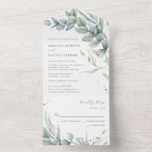 Boho Greenery Eucalyptus Blätter Wedding All In One Einladung (Innen Boden)