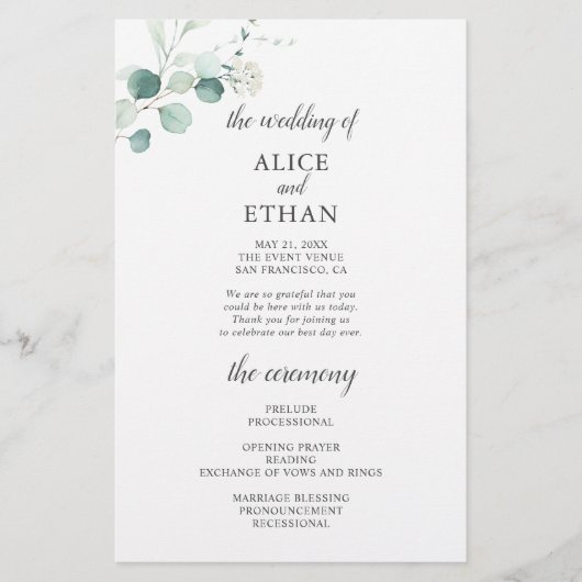 Boho Greenery Eucalyptus Blätter Wedding Program (Vorderseite)