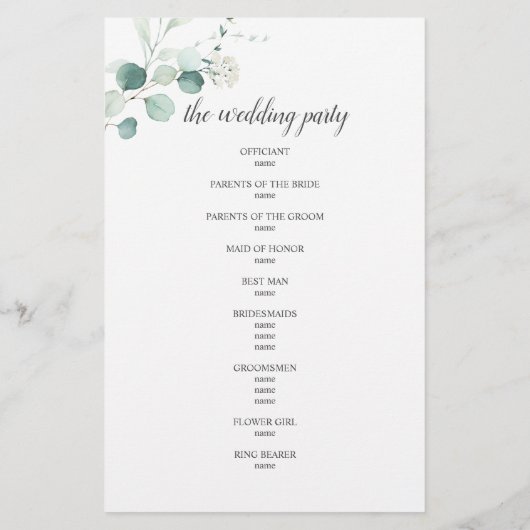 Boho Greenery Eucalyptus Blätter Wedding Program (Rückseite)