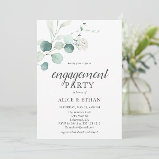 Boho Greenery Eucalyptus Engagement Party Einladung (Stehend Vorderseite)