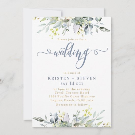Boho Greenery Eucalyptus Wedding Dusty Blue Einladung (Vorderseite)