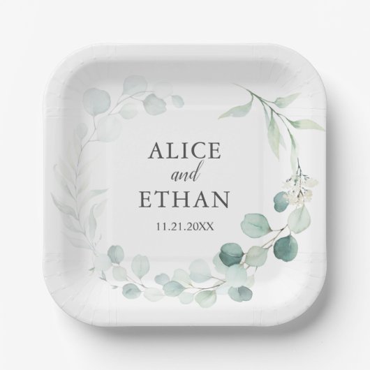 Boho Greenery Eucalyptus Wedding Pappteller (Vorderseite)