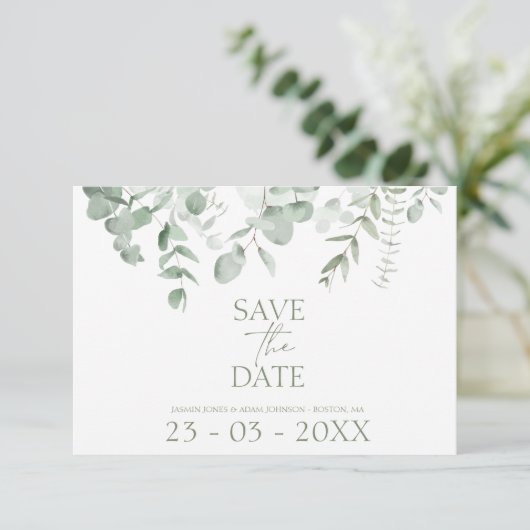 Boho Greenery Eucalyptus Wedding Save the Date (Stehend Vorderseite)