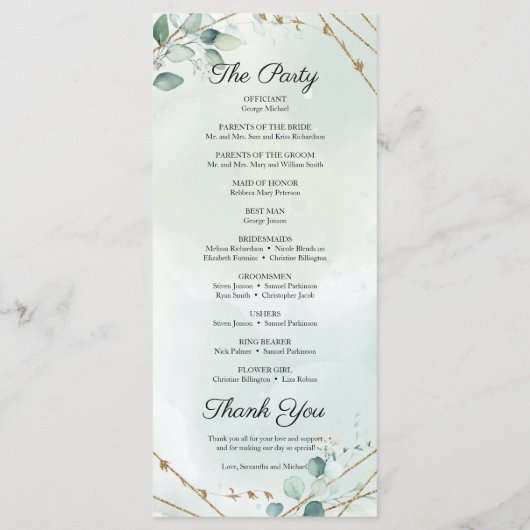 Boho Greenery Folaige Gold Frame Wedding Programm (Rückseite)