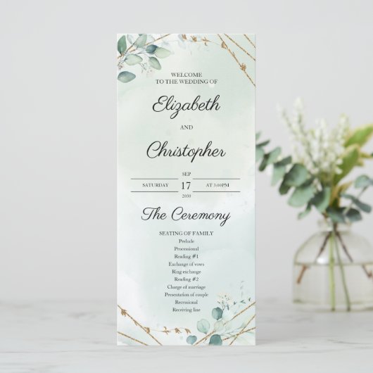 Boho Greenery Folaige Gold Frame Wedding Programm (Stehend Vorderseite)