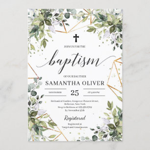 Boho Greenery foliage eucalyptus gold baptisk Einladung