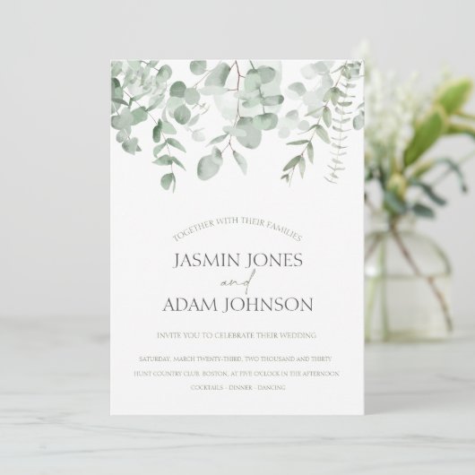 Boho Greenery Foliage Eucalyptus Wedding Einladung (Stehend Vorderseite)