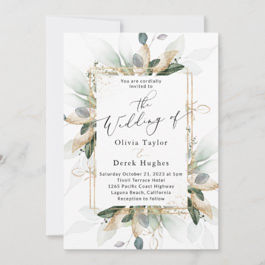 Boho Greenery & Gold Eukalyptus Frame Wedding Einladung (Vorderseite)