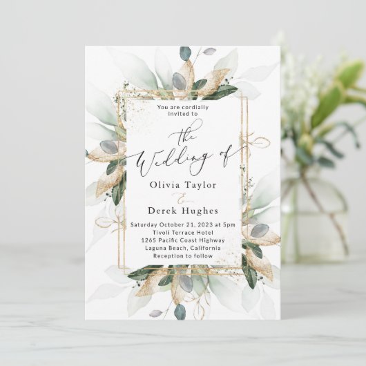 Boho Greenery & Gold Eukalyptus Frame Wedding Einladung (Stehend Vorderseite)
