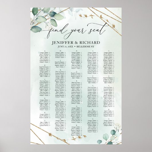 Boho Greenery Gold Geometric alphabetische Sitzplä Poster (Vorne)