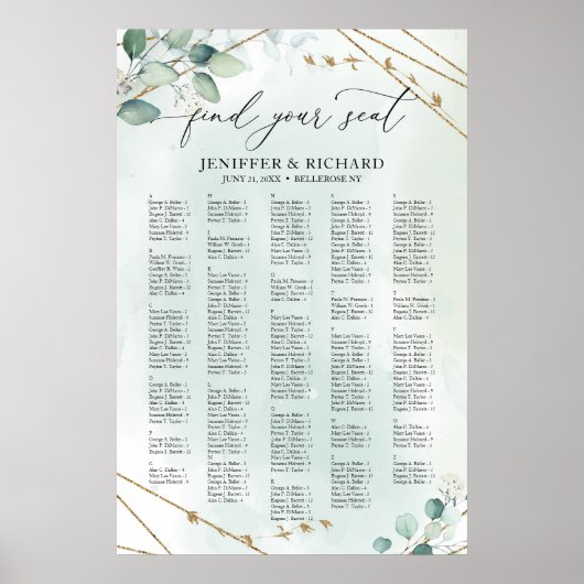 Boho Greenery Gold Geometric alphabetische Sitzplä Poster (Vorne)