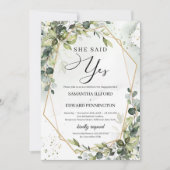 Boho Greenery Goldrahmen sie sagte ja Verlobung Einladung (Vorderseite)