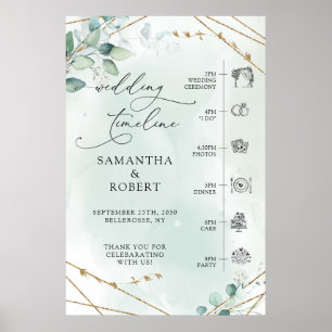 Boho Greenery Imitate Gold Frame Wedding Timeline Poster