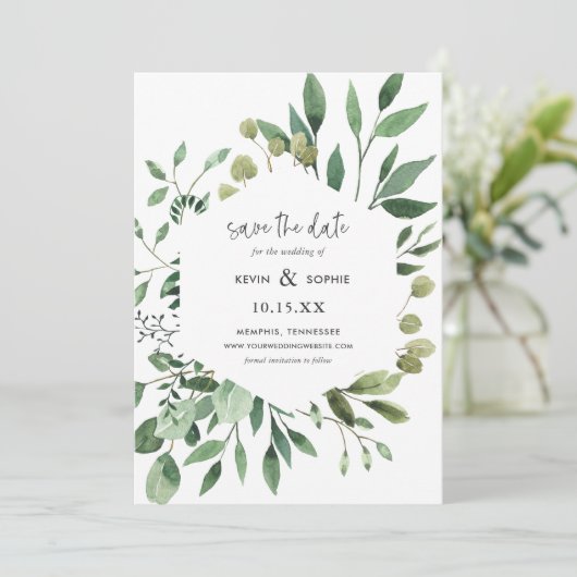Boho Greenery Modern Save the Date Cards (Stehend Vorderseite)