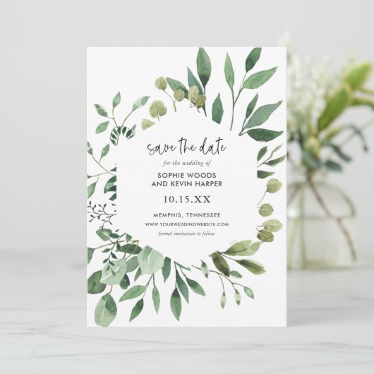 Boho Greenery Modern Save the Date Cards (Stehend Vorderseite)