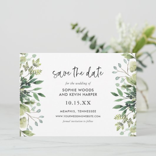 Boho Greenery Modern Save the Date Cards (Stehend Vorderseite)