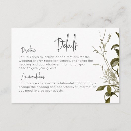 Boho Greenery Moderne Blumendetails Hochzeit Begleitkarte (Vorderseite)