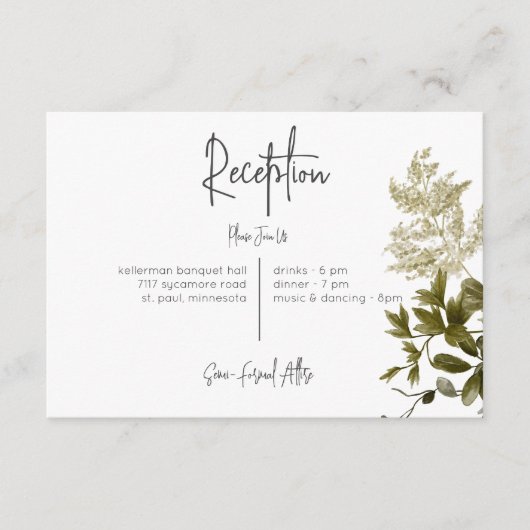 Boho Greenery Moderner Empfang Hochzeit Begleitkarte (Vorderseite)