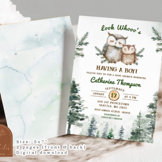 Boho Greenery Owl Baby Shower Einladung