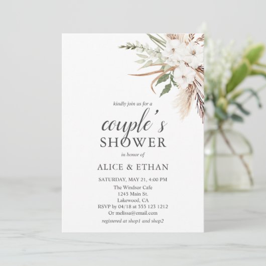 Boho Greenery Pampa Grass Couple Dusche Einladung (Stehend Vorderseite)