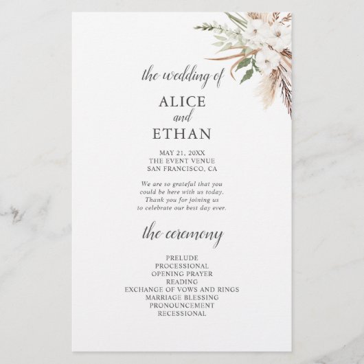 Boho Greenery Pampa Grass Wedding Program (Vorderseite)