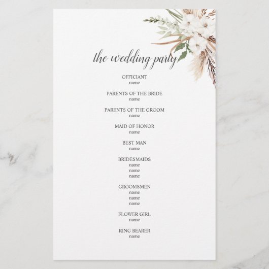 Boho Greenery Pampa Grass Wedding Program (Rückseite)
