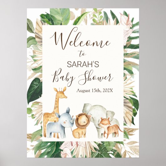 Boho Greenery Safari Baby Dusche Begrüßungszeichen Poster (Vorne)