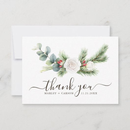 Boho Greenery Script Evergreen Wedding Dankeskarte (Vorderseite)