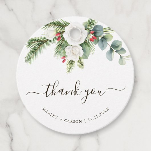 Boho Greenery Script Evergreen Wedding Geschenkanhänger (Vorderseite)