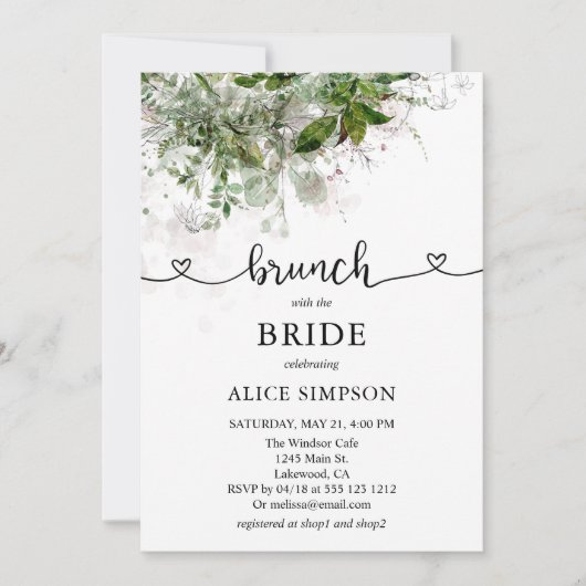 Boho Greenery Script Heart Brunch Brautparty Einladung (Vorderseite)