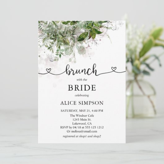 Boho Greenery Script Heart Brunch Brautparty Einladung (Stehend Vorderseite)