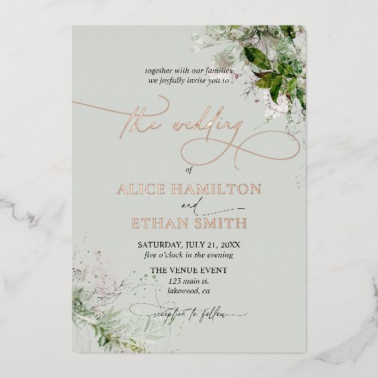 Boho Greenery Script Wedding Foil Einladung (Vorderseite)