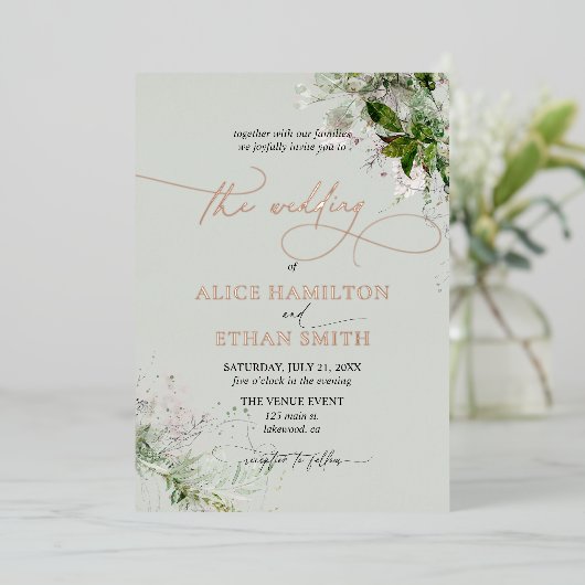 Boho Greenery Script Wedding Foil Einladung (Stehend vorne)