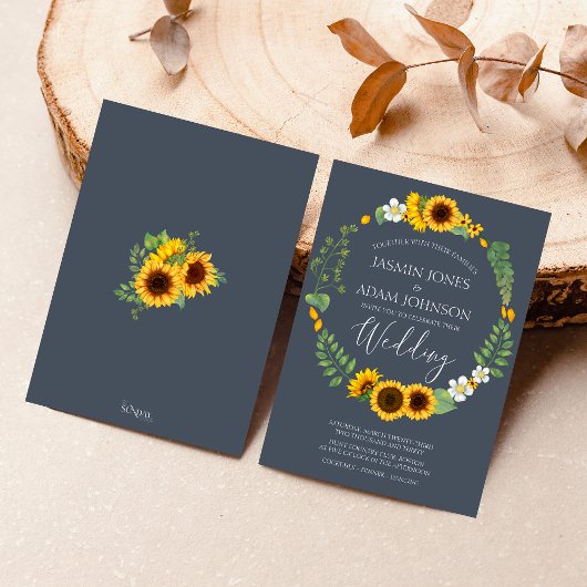 Boho Greenery Sunflower Royal Blue Wedding Einladung