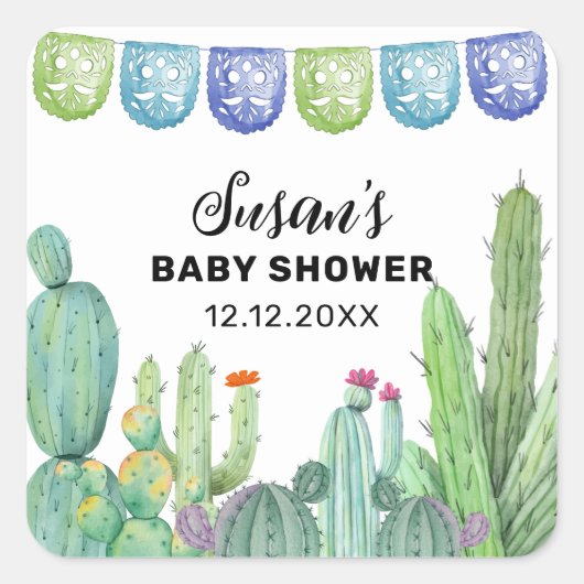 Boho Greenery Taco Fiesta Cactus Baby Shower Quadratischer Aufkleber (Vorderseite)