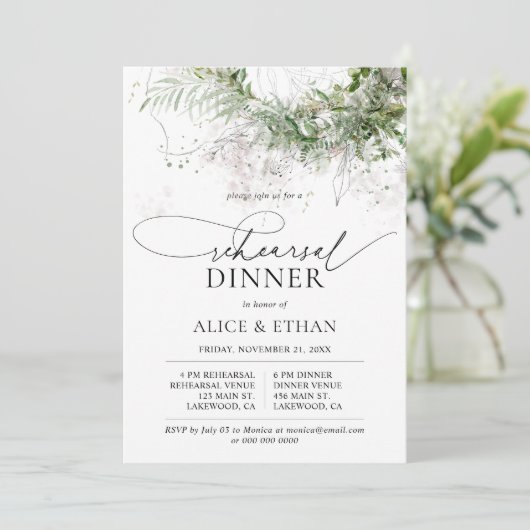 Boho Greenery Verlasse Script Probe Dinner Einladung (Stehend Vorderseite)