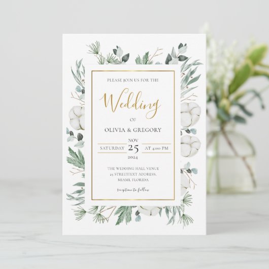 Boho Greenery Watercolor Weiße Blume Hochzeit Einladung (Stehend Vorderseite)