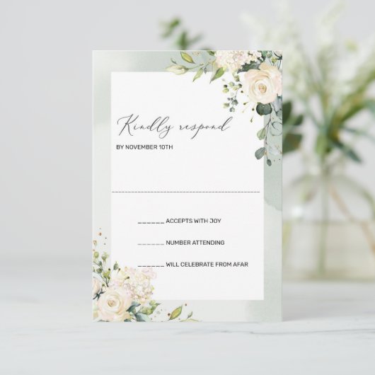 Boho Greenery White Roses Hydrangeas Wedding RSVP (Stehend Vorderseite)