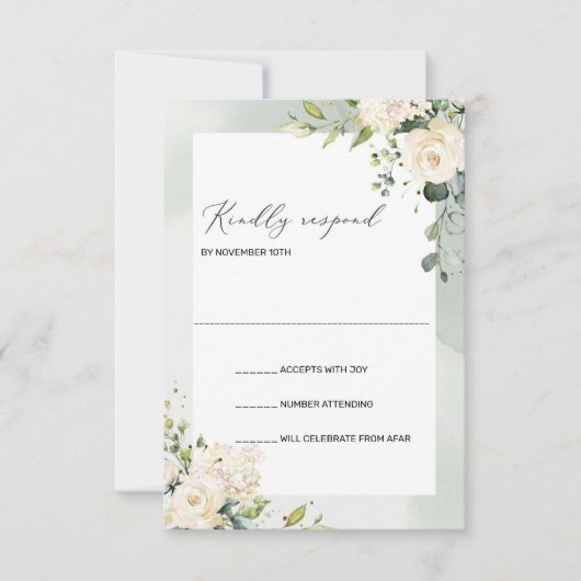 Boho Greenery White Roses Hydrangeas Wedding RSVP Karte (Vorderseite)