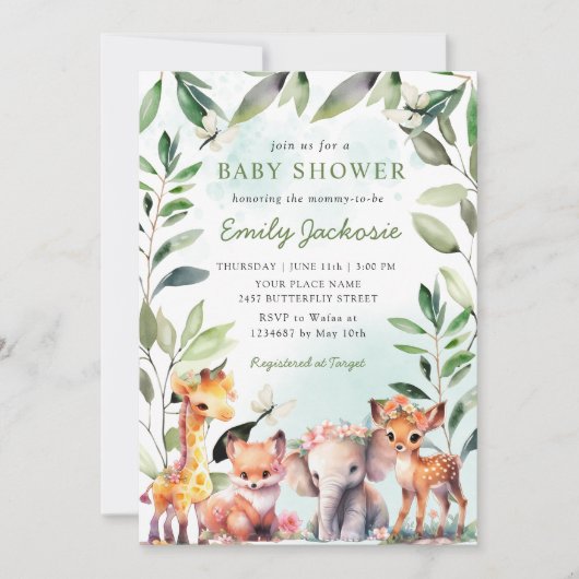 Boho Greenery Woodland Animals Baby Shower Forest Einladung (Vorderseite)
