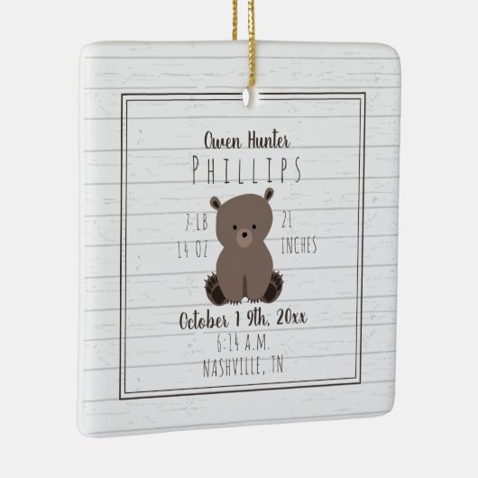 Boho Grey Wood Bear Cub Baby Boy Birth Stats Keramikornament (Rechts)