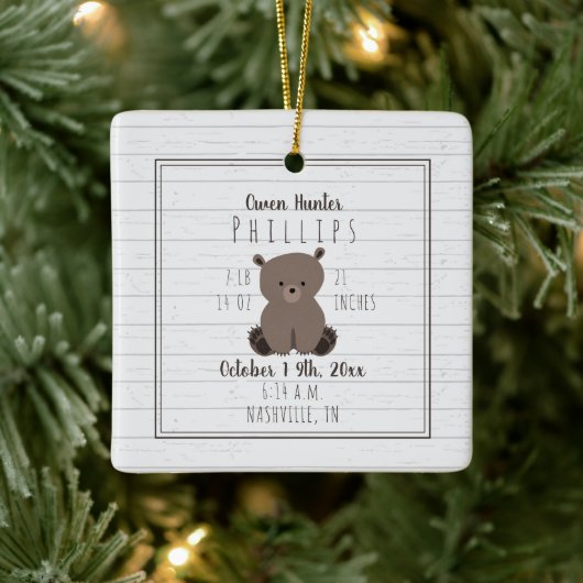 Boho Grey Wood Bear Cub Baby Boy Birth Stats Keramikornament (Baum)
