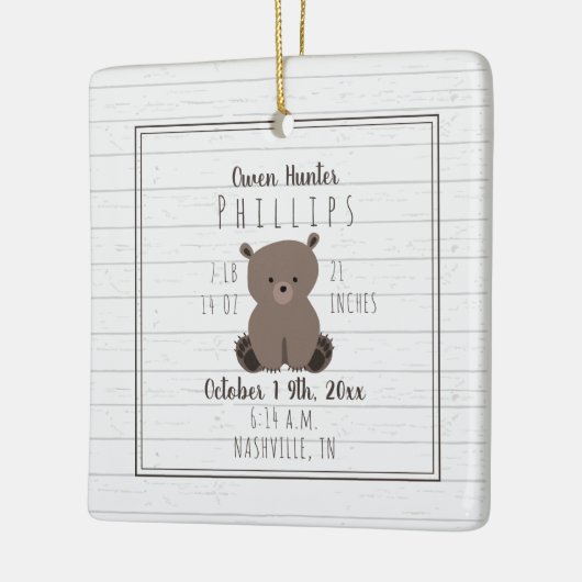 Boho Grey Wood Bear Cub Baby Boy Birth Stats Keramikornament (Links)