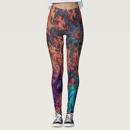 Boho Groovy Colorful Jewel Tone Abstraktes Fraktal Leggings (Vorderseite)