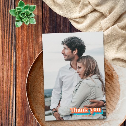 Boho Groovy Retro Blue Orange Typografie Wavy Line Dankeskarte