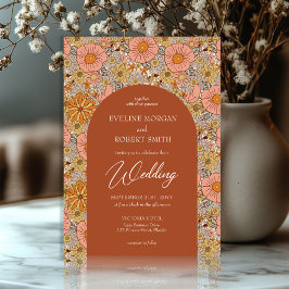 Boho Groovy Terracotta und rosa Blume Hochzeit Einladung